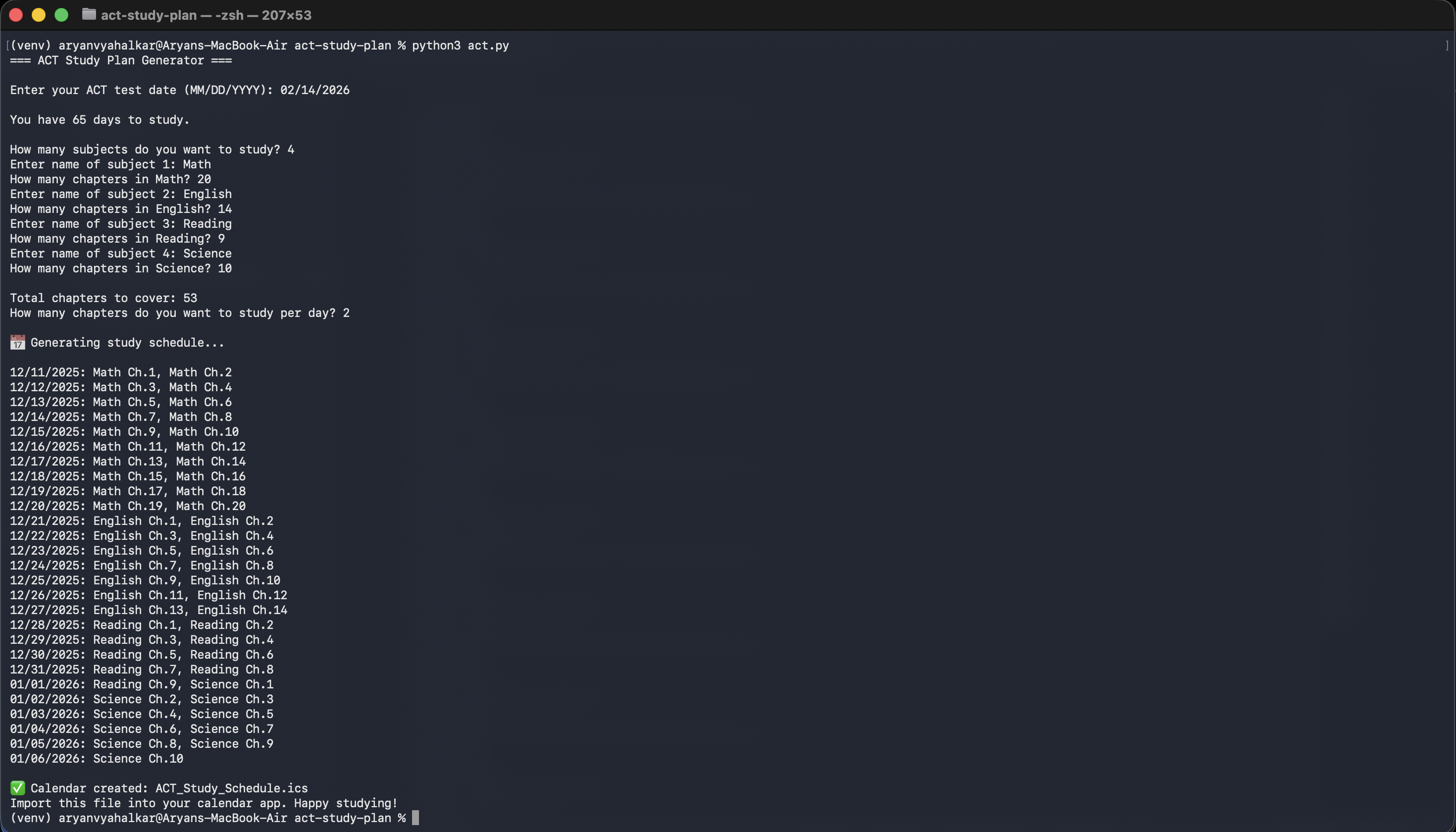 ACT Study Schedule Generator